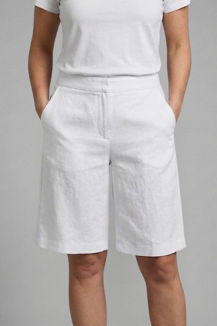 Practical and elegant women's knee-length tailored shorts, flat front design for versatile summer fashion.