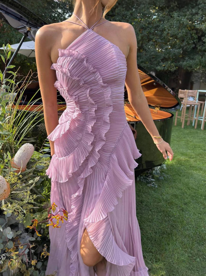Elegant lilac sleeveless ruffled dress, Serephina flowy design for women, ideal for special occasions.