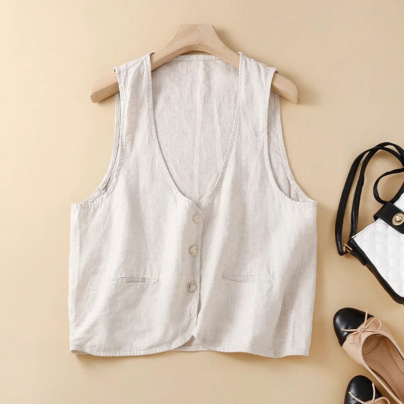 Women's versatile linen blend vest top with front button accents, ideal for a chic and comfortable look.