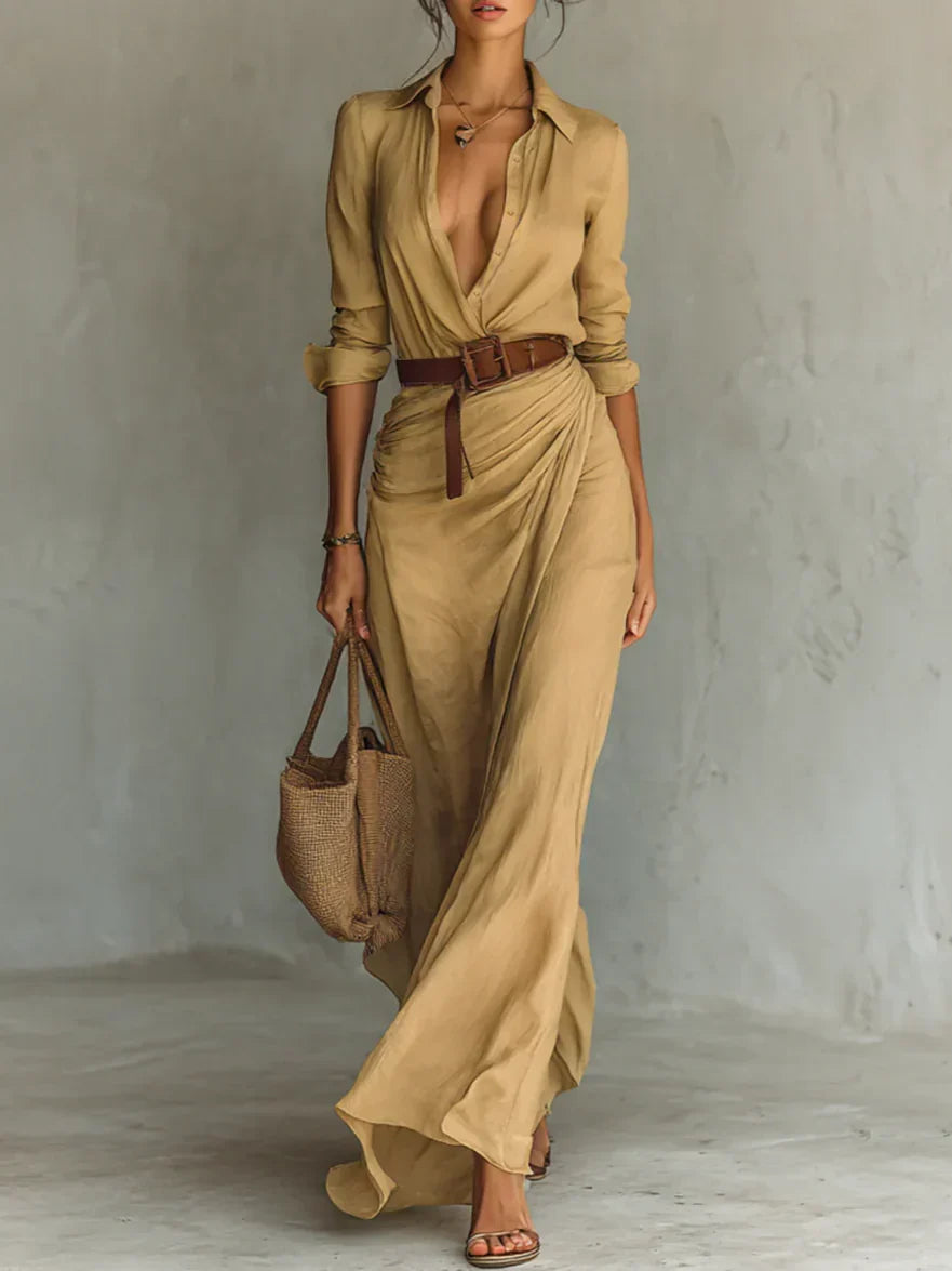 Elegant women's long sleeve belted maxi dress, wrap style V-neck, perfect for sophisticated fall fashion.