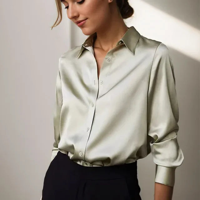 Elegant women's long sleeve satin button-down blouse in a classic front view, perfect for office or casual chic.