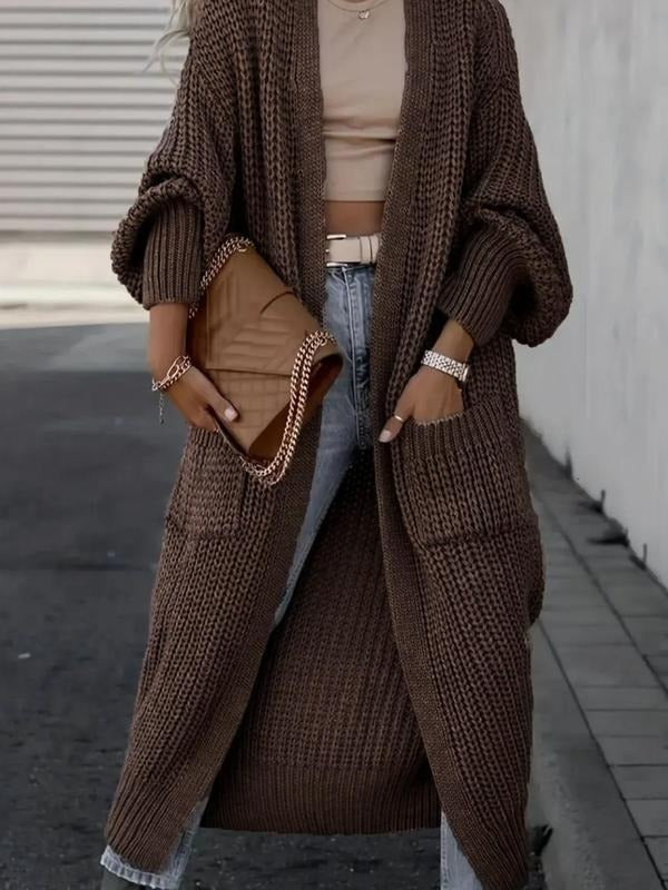 Elegant women's longline wool blend knit cardigan, perfect for cozy winter fashion and outerwear.