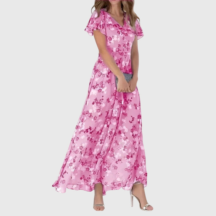 Chic women's flutter sleeve maxi dress, V-neck, A-line cut, suitable for casual wear or evening events.