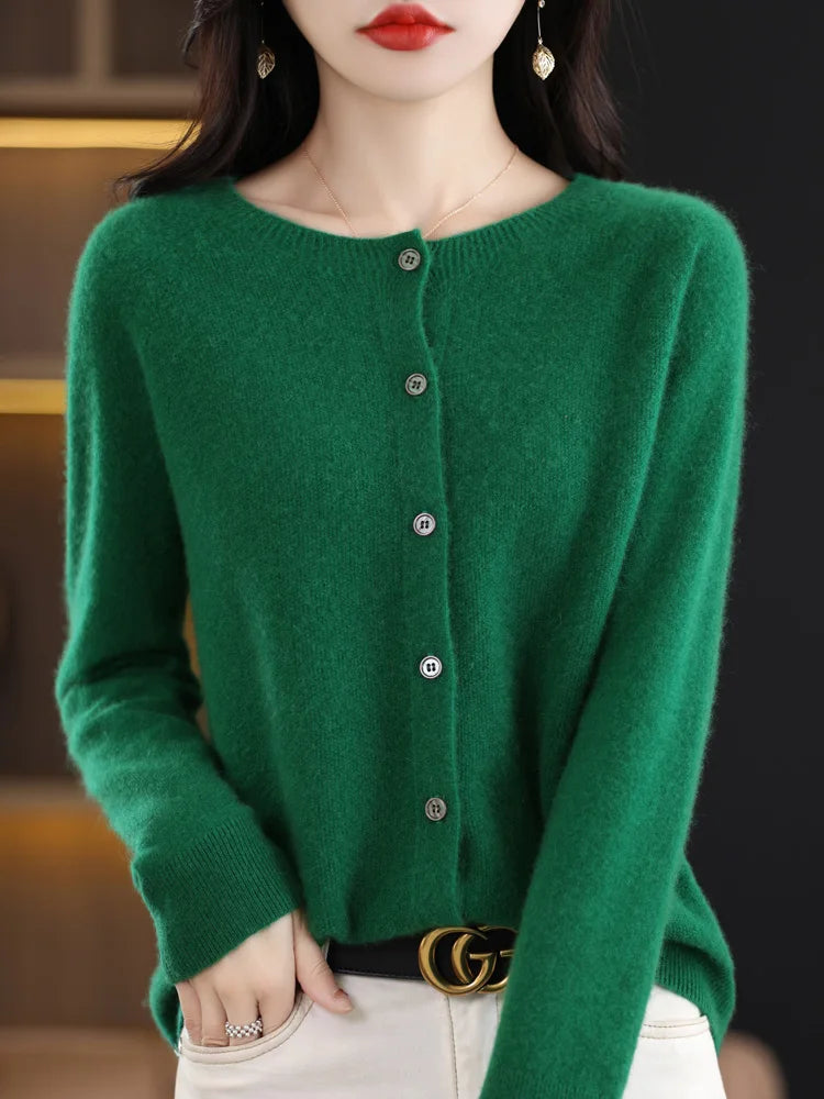 Elegant women's soft merino wool sweater, featuring a timeless O-neck and fine knit