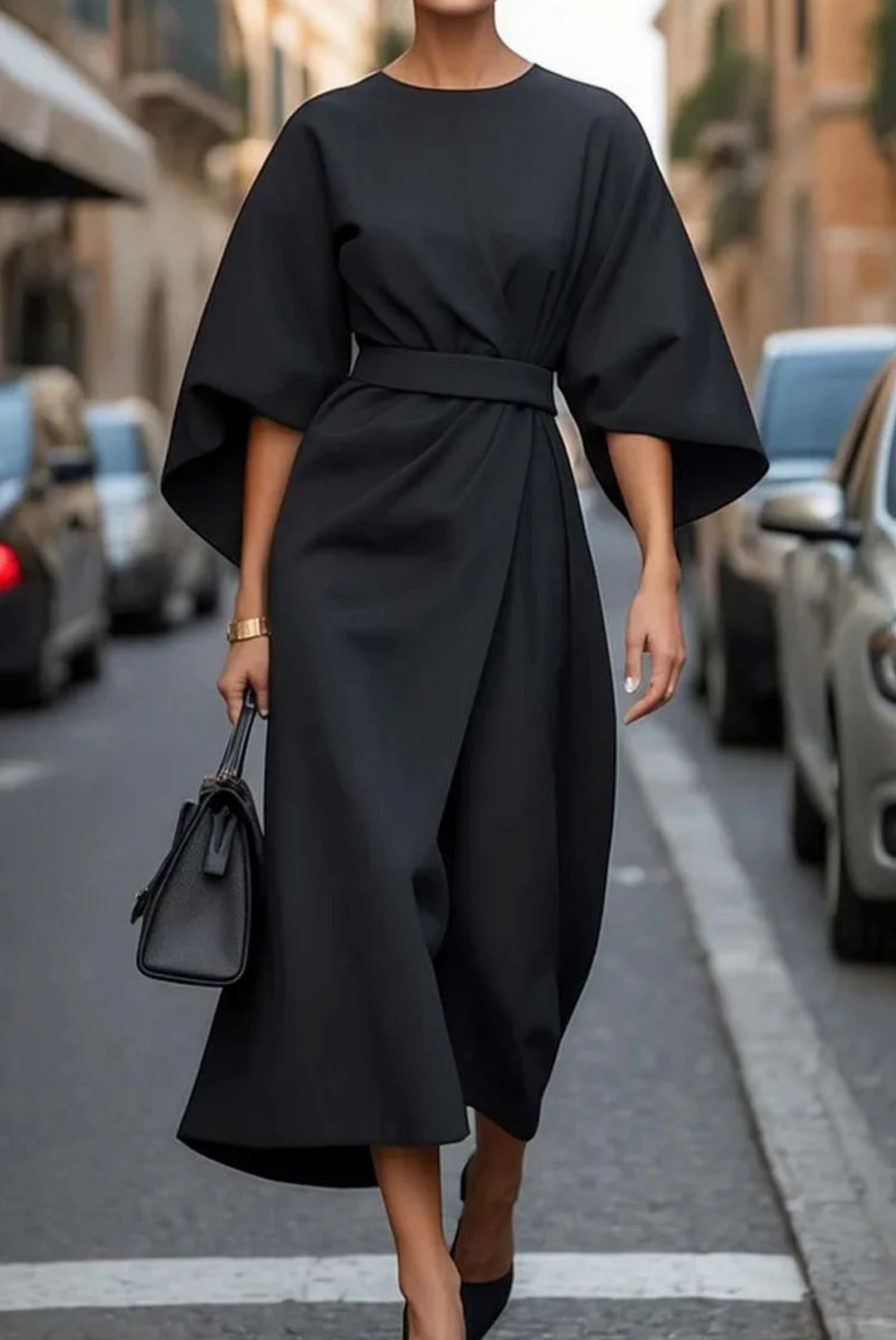 Elegant women's midi dress with wide sleeves & flattering belt, perfect for chic day-to-night wear.