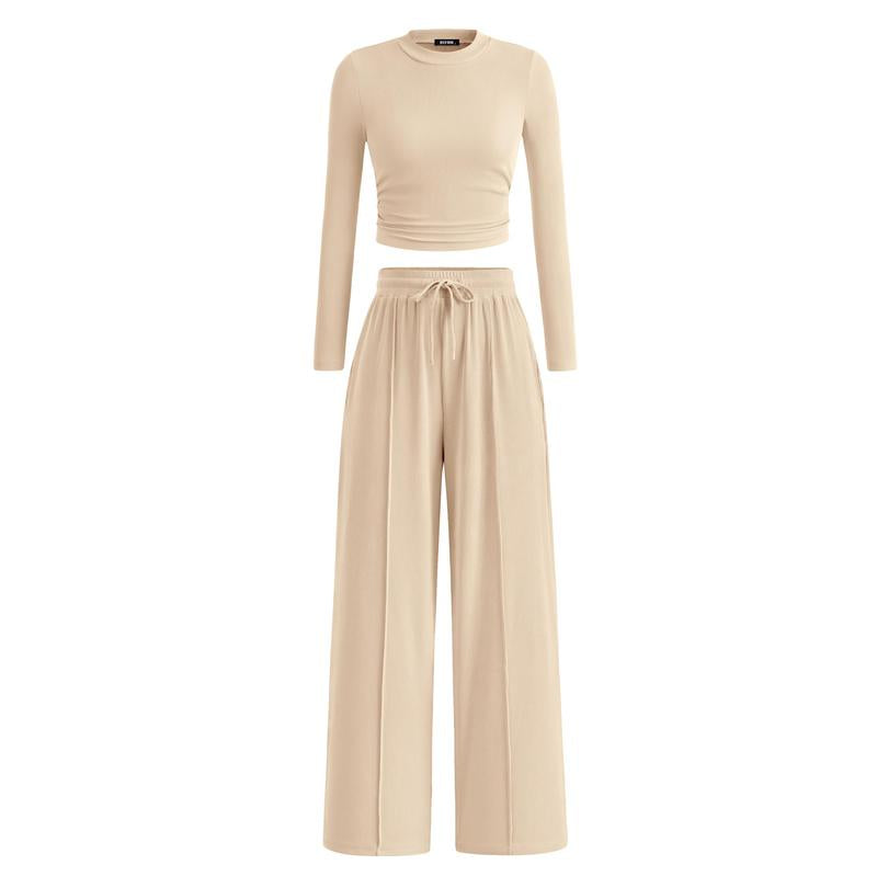 Elegant women's modal-blend lounge set with long-sleeved top and wide-leg pants for comfortable casual wear.