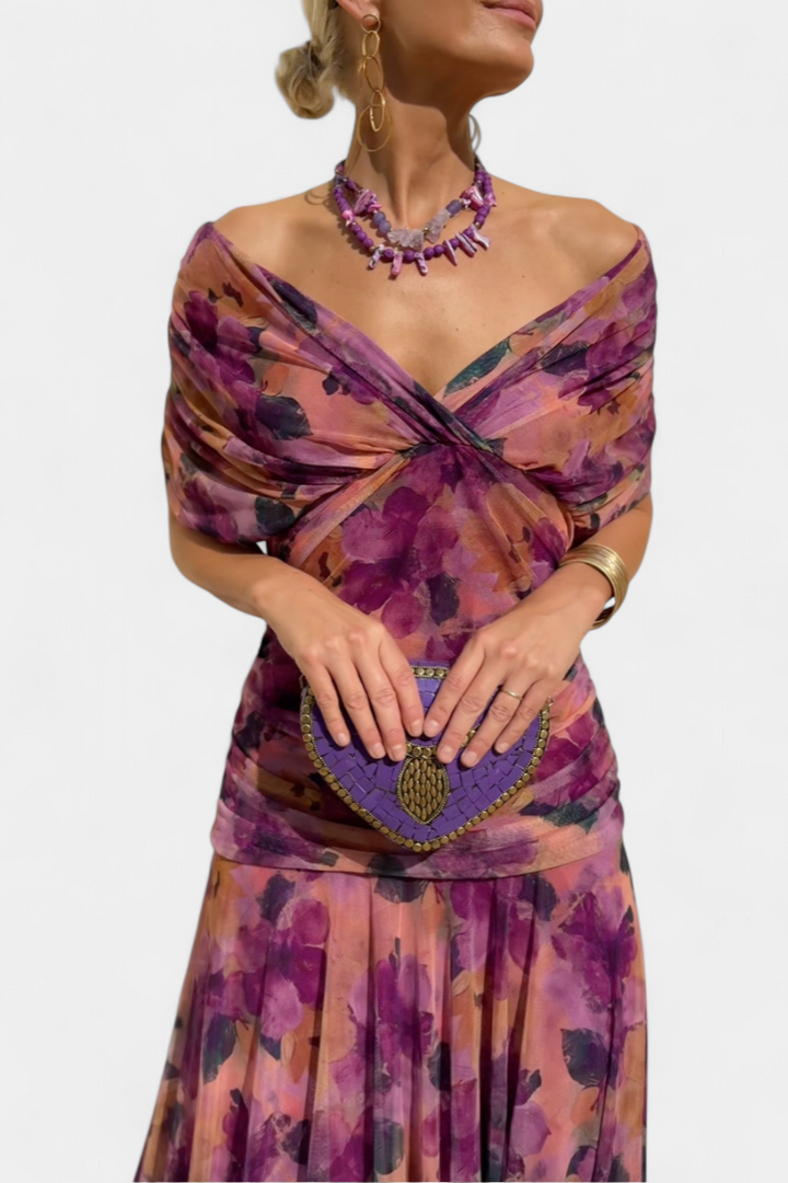 Sophisticated women's off-shoulder evening gown, a long maxi dress for special occasion formal wear.