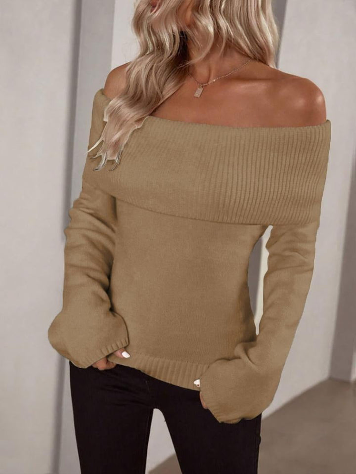 Elegant women's off-shoulder ribbed knit top in black, perfect for a casual chic look