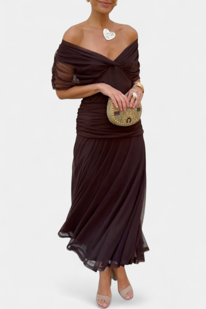 Elegant women's off-shoulder ruched twist midi dress, front view. Perfect for cocktail parties & evenings.