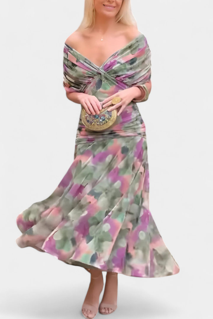 An elegant and flattering off-shoulder ruched twist midi dress for women, embodying sophisticated style.