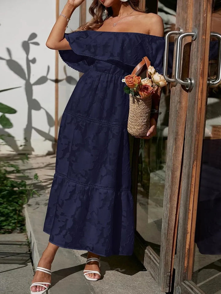 Chic off shoulder ruffle tiered maxi dress, an elegant evening gown for special occasions.