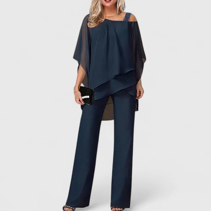 Formal women's elegant two piece set with an off shoulder top and wide leg pants, a chic and sophisticated matching outfit.