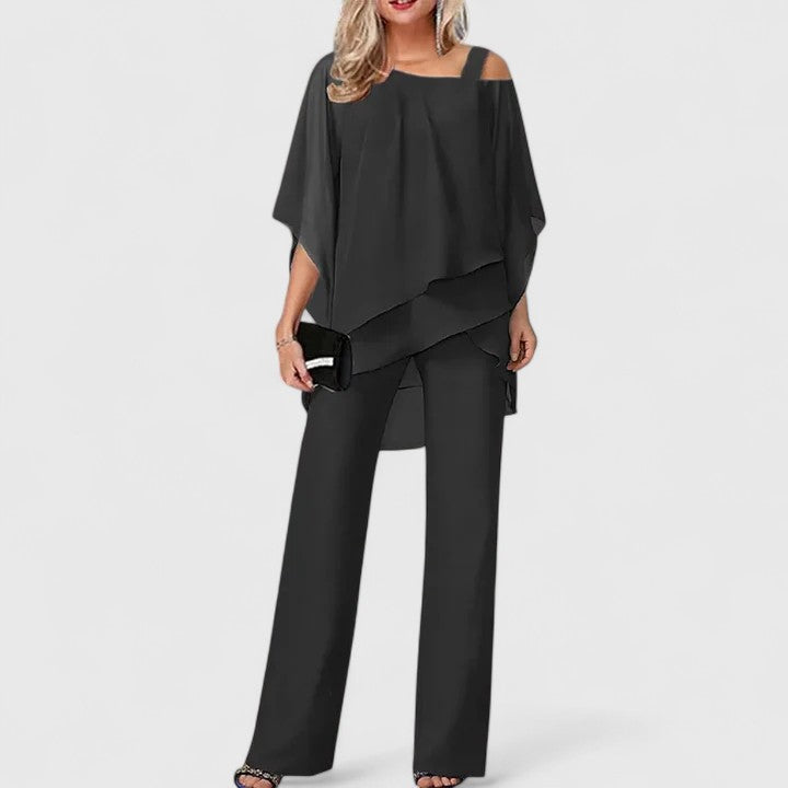 Women's elegant off shoulder two piece set with flowy wide leg pants. Perfect for formal events & evening wear.