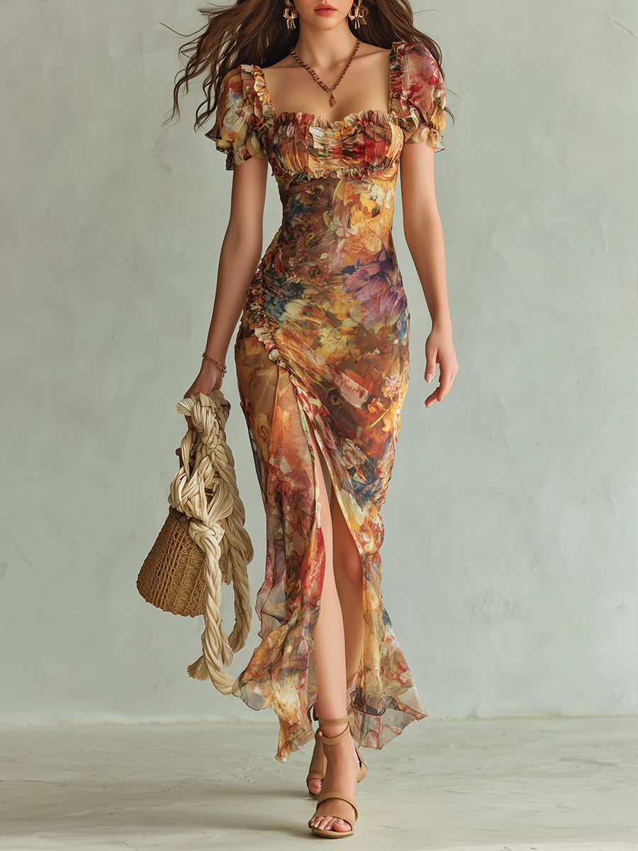 Elegant women's orange floral maxi dress with sweetheart neck, ruched bodice, and puff sleeves, ideal for formal events.