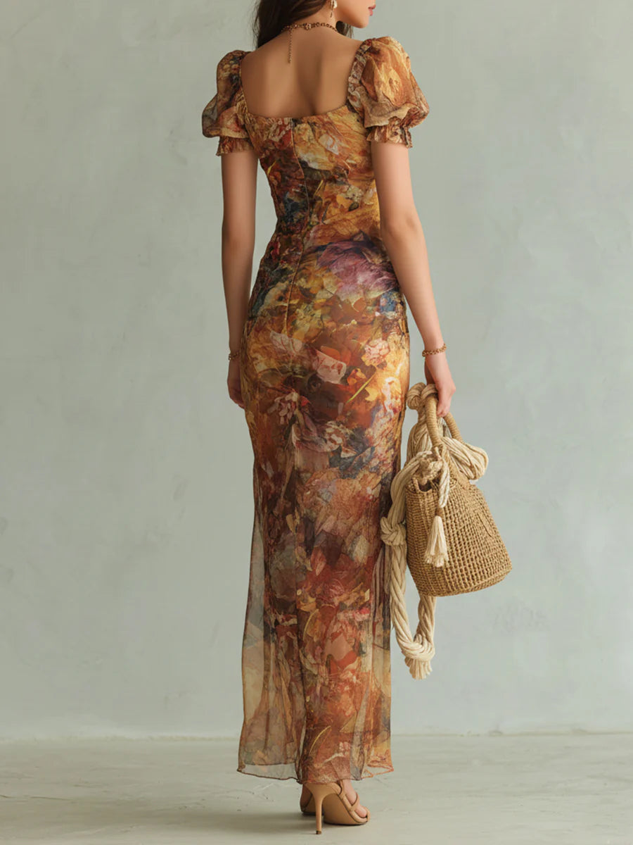 Stunning orange floral maxi dress for women, featuring a sweetheart neckline, ruched detailing, perfect for wedding guests.