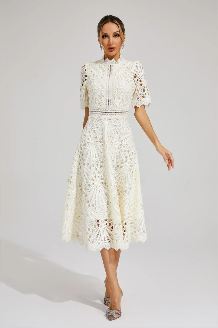 Stylish white lace midi dress for women, perfect for a chic and memorable party look