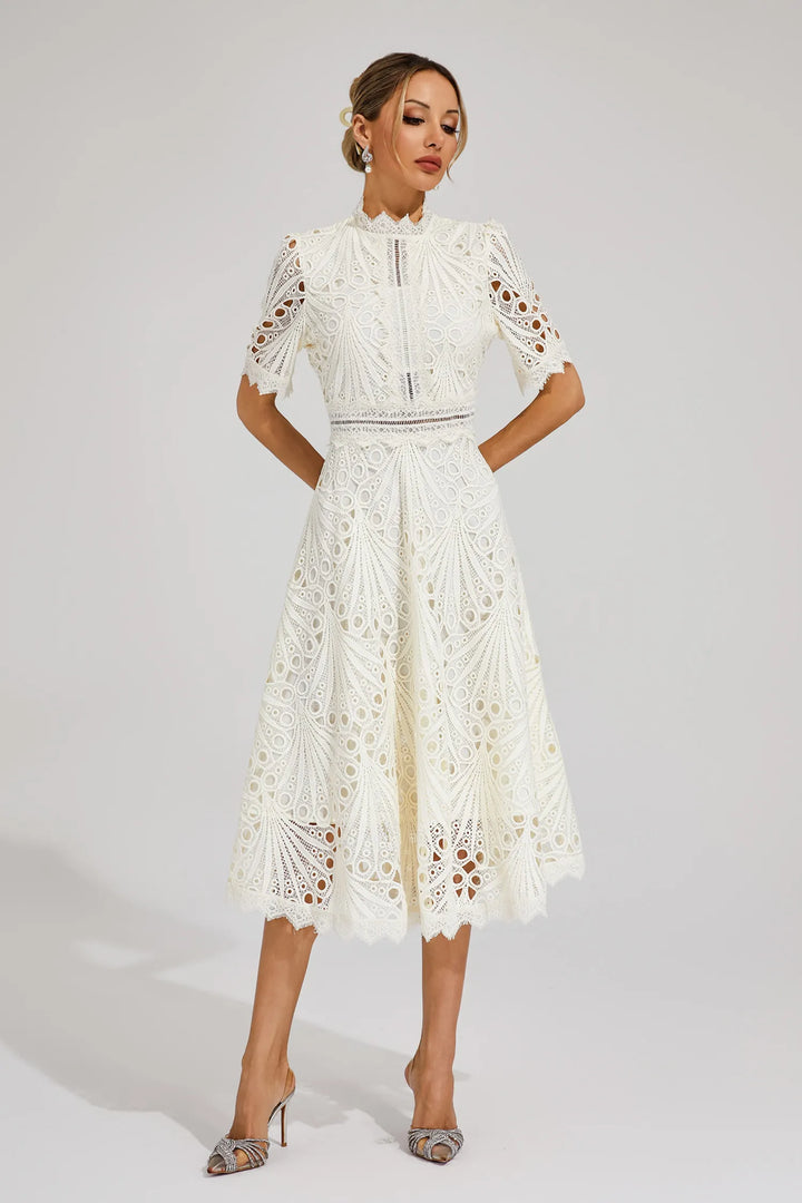 Pink lace midi dress, a stunning piece of evening wear for women, embodying chic style