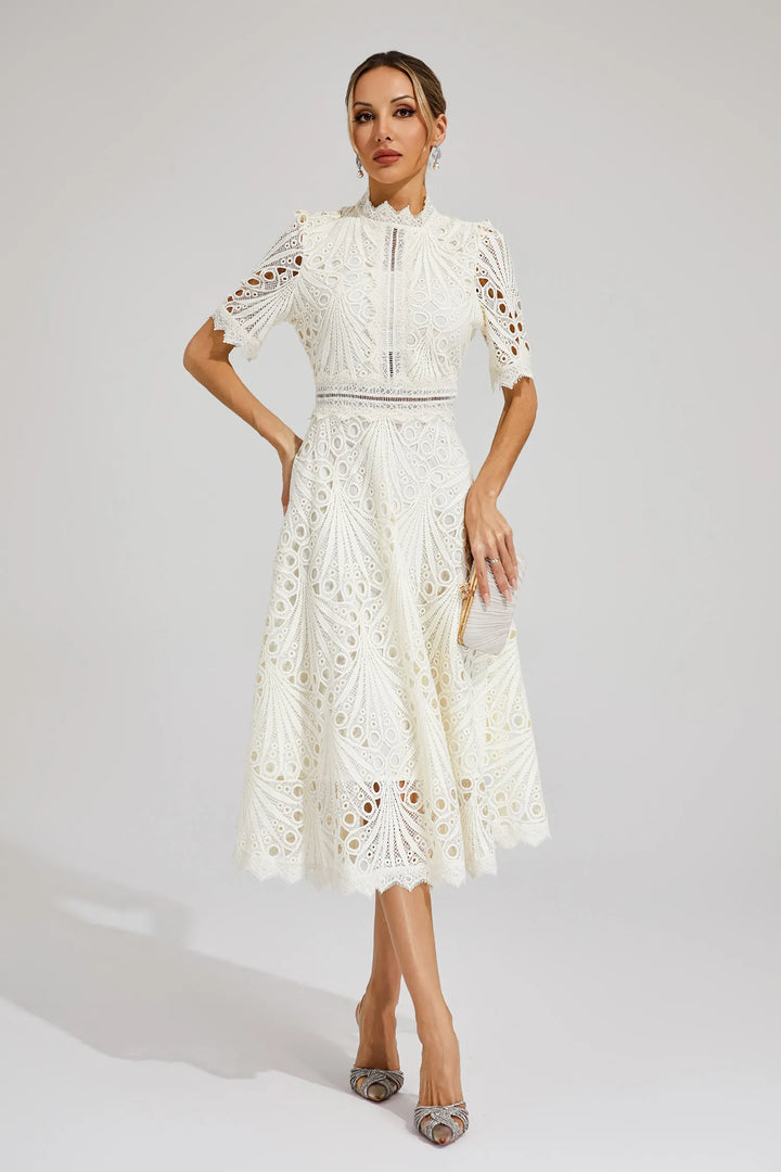 Elegant women's white lace midi dress, a timeless and chic addition to any formal wardrobe