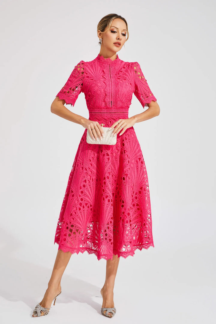 Chic white lace midi dress for women, ideal for special occasions, sophisticated party attire