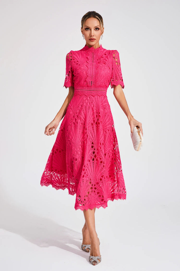 Fashionable white lace midi dress, a chic choice for women's formal events and parties