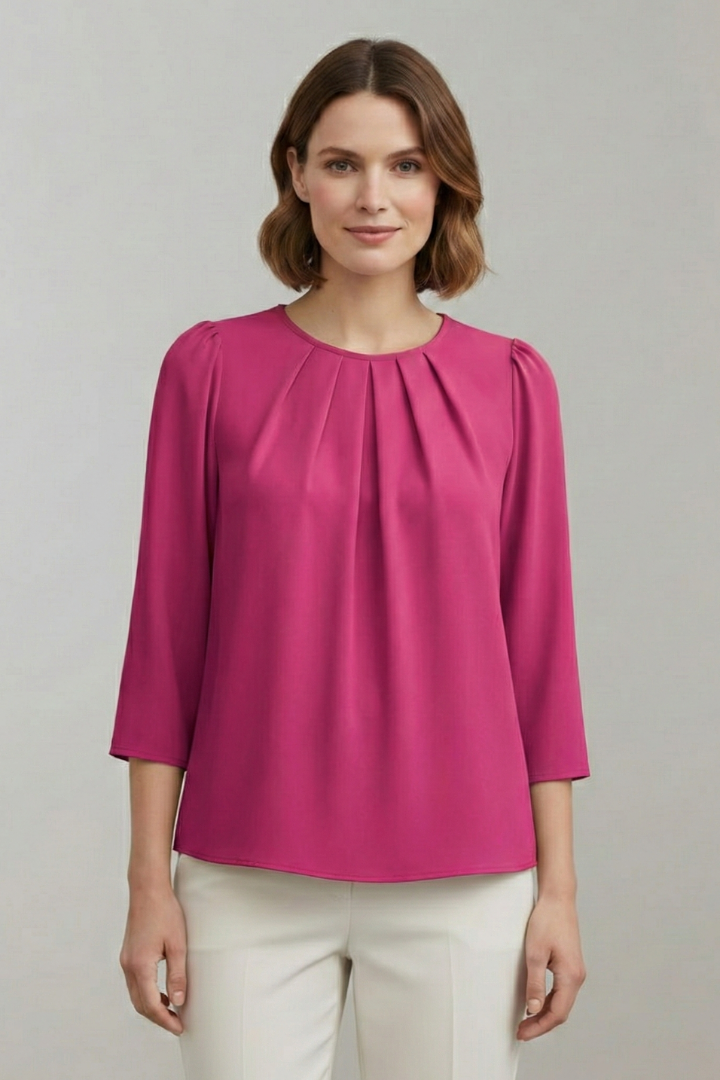 Stylish women's round neck pleated blouse with long sleeves, great for versatile fashion.