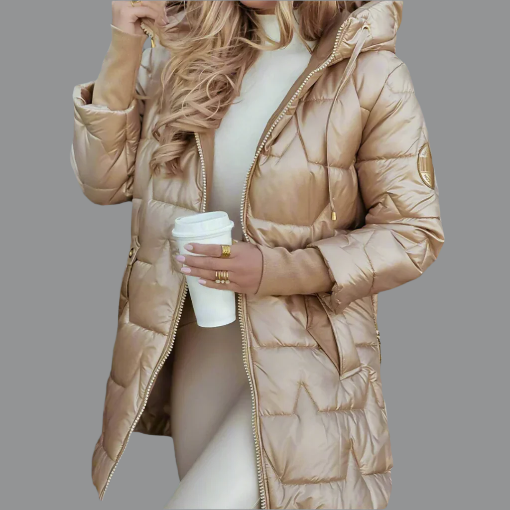 Elegant women's quilted puffer jacket, stylish outerwear for winter fashion, keeps you warm and casual.
