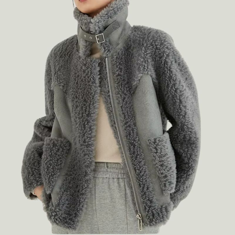 Close-up of a women's Renard sherpa coat, highlighting the soft wool blend texture