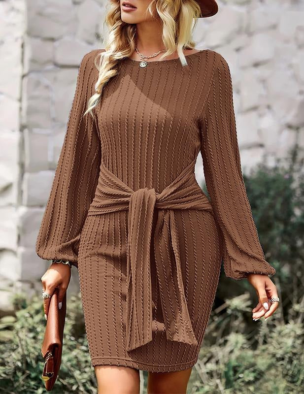 Casual long sleeve women's midi dress in ribbed stretch-knit fabric with waist tie detail