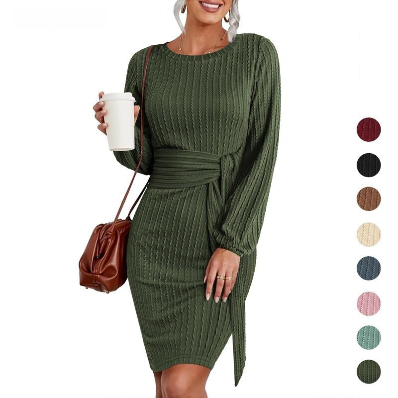Stylish women's ribbed midi dress with an adjustable waist tie, ideal for versatile styling