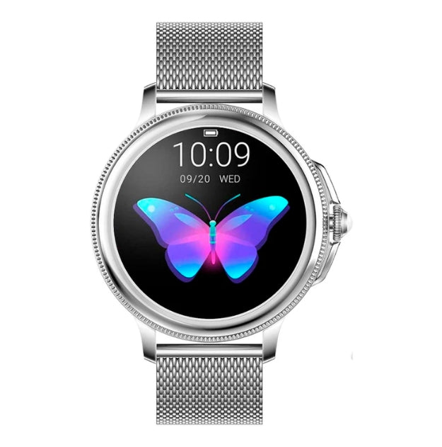 Women's health tracker smartwatch. Monitors fitness, activity, and vitals with a sleek, modern design. Wearable tech.
