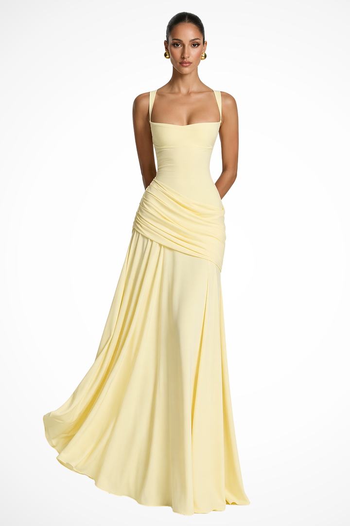 Slim fit women's spaghetti strap maxi dress with elegant ruched details & square neck. Ideal party or formal gown.
