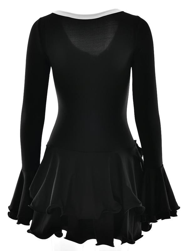 Sophisticated women's party dress, black knit and bodycon with a playful ruffle