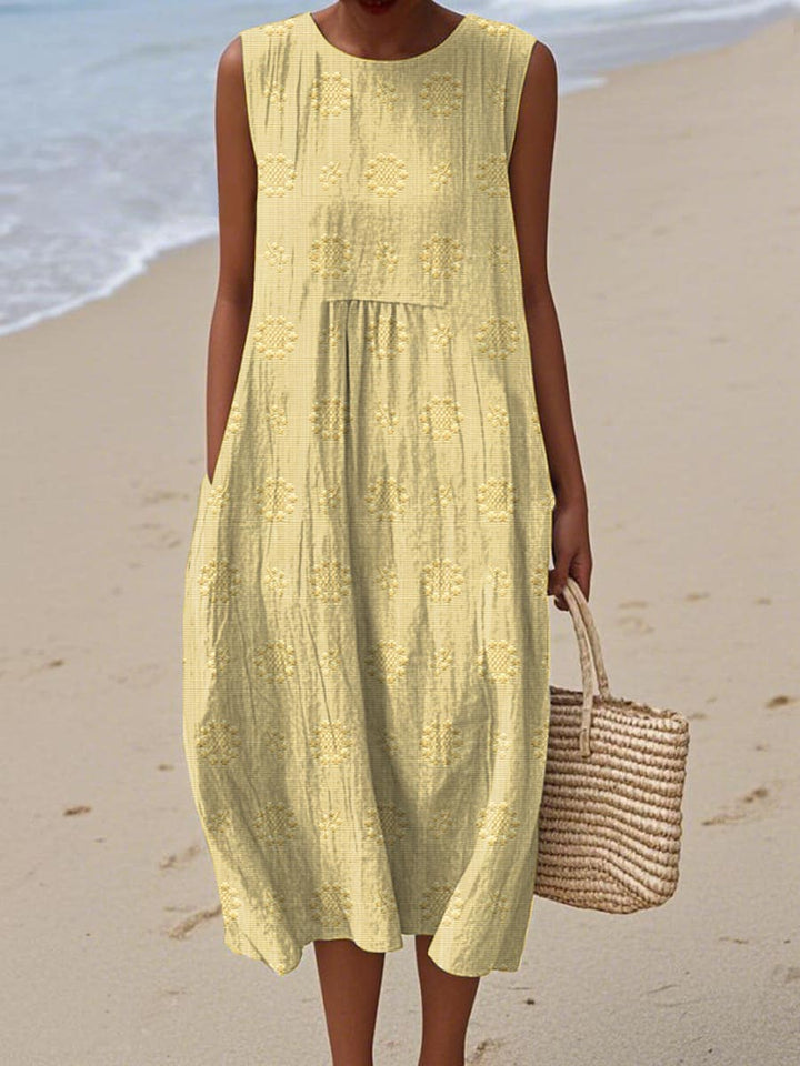 Flowy women's sleeveless midi dress with elegant round neck. A comfortable & stylish choice for summer casual outfits.