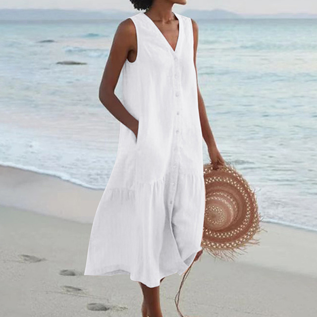 Stylish women's sleeveless midi dress with a functional button-front closure, V-neck, and comfortable flowy fabric.