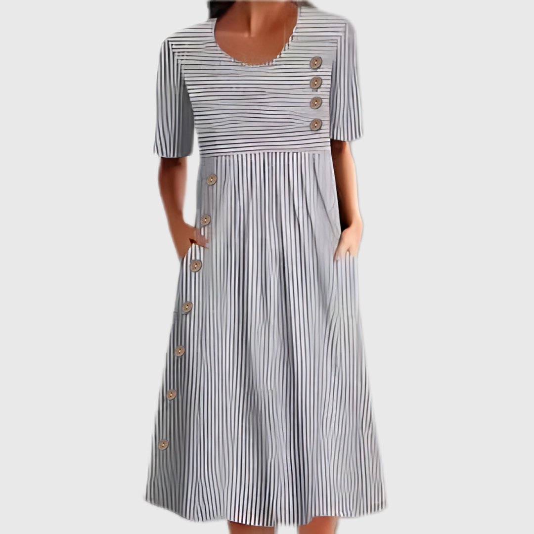 Chic blue & gray striped midi dress for women, featuring a stylish button-down design, ideal for casual or elegant wear.