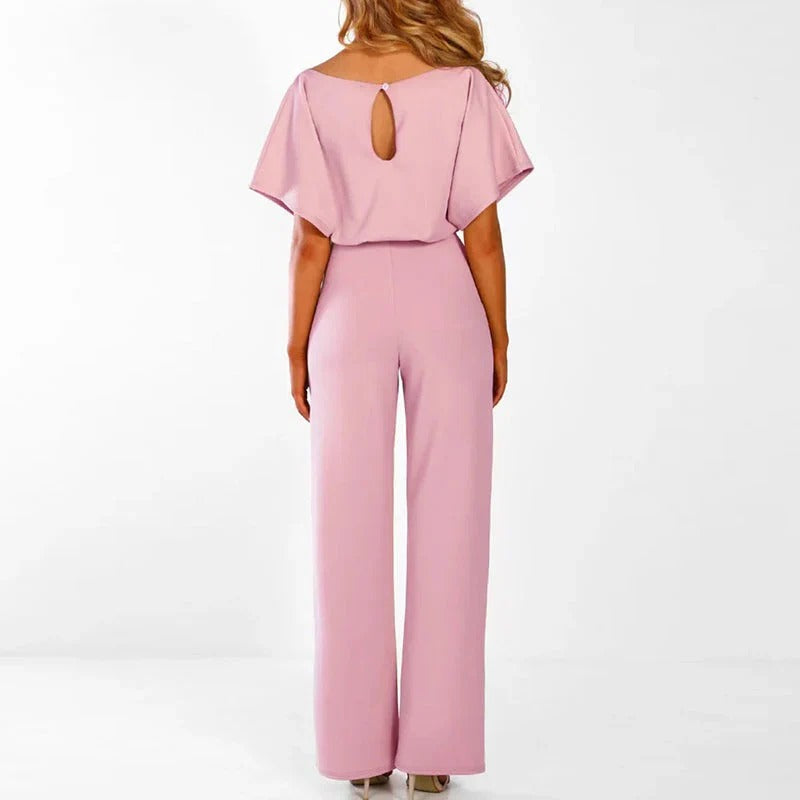 Comfy women's solid color jumpsuit, offering an elegant and versatile option for any event.