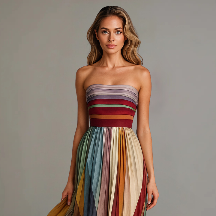 Chic strapless colorblock maxi dress for women, featuring a pleated skirt & elegant evening wear design.