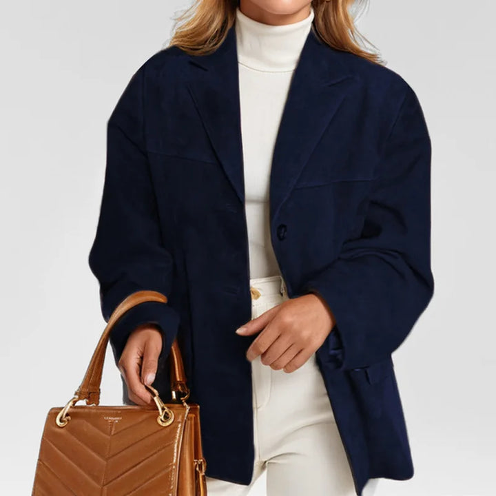 Elegant women's suede blazer jacket in classic black, perfect for work or casual chic outfits.