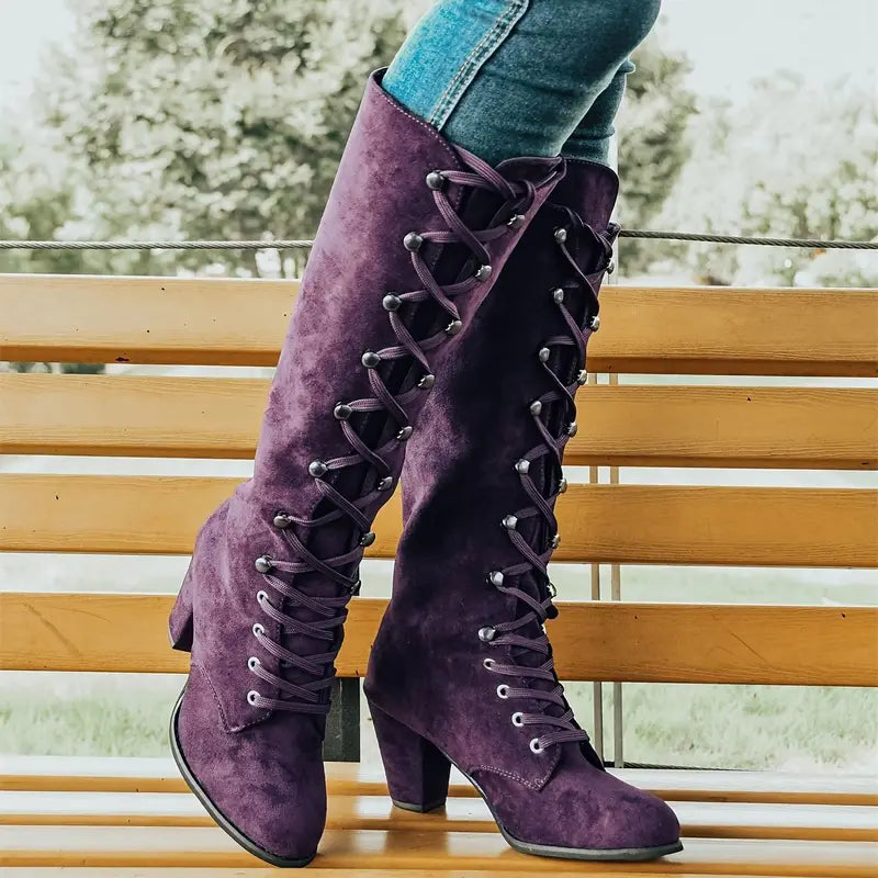 Elegant women's tall lace-up block heel boots in black, perfect for chic winter fashion