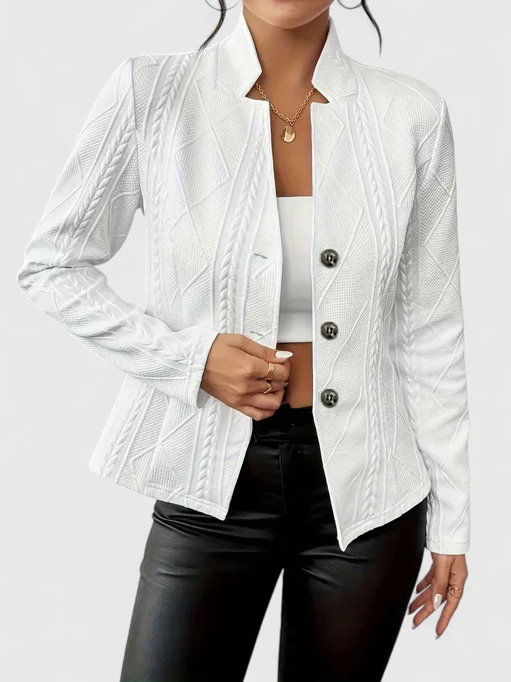 Versatile women's textured blazer, stand-collar, single-breasted for elegant office or casual wear.