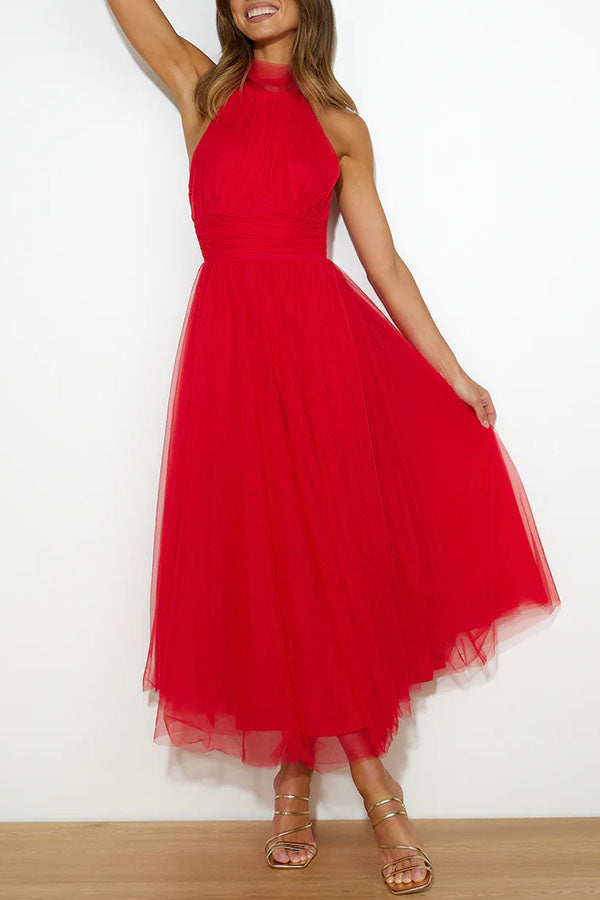 Women's elegant midi tulle dress, ideal evening or party wear for weddings & celebrations.