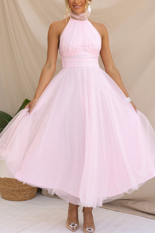 Women's elegant tulle midi dress, beautiful formal wear for wedding guests, parties, & celebrations.