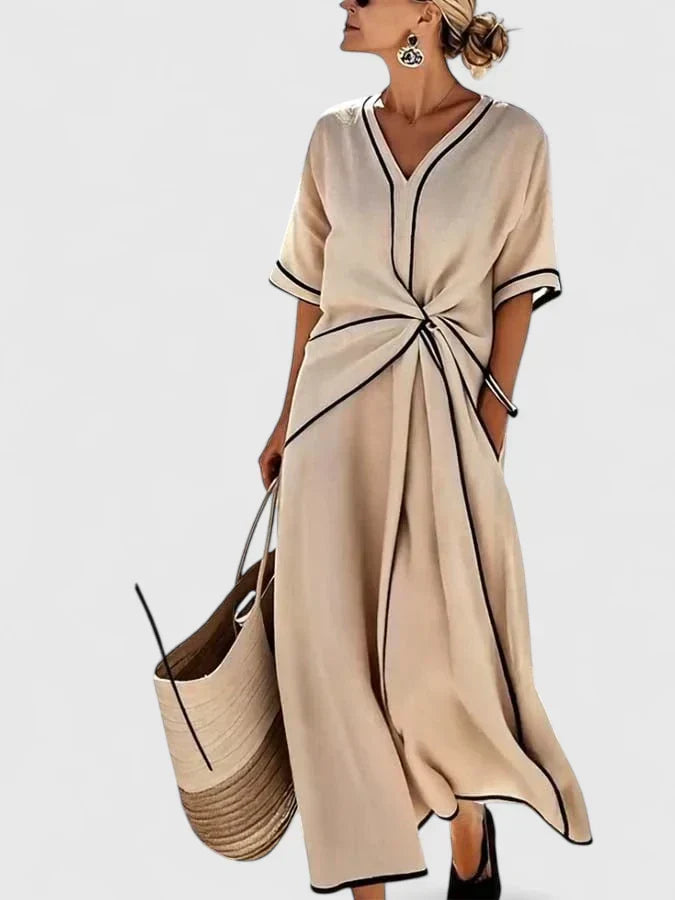 Elegant women's twist front maxi dress with V-neck, short sleeves, and contrast trim for summer vacation.