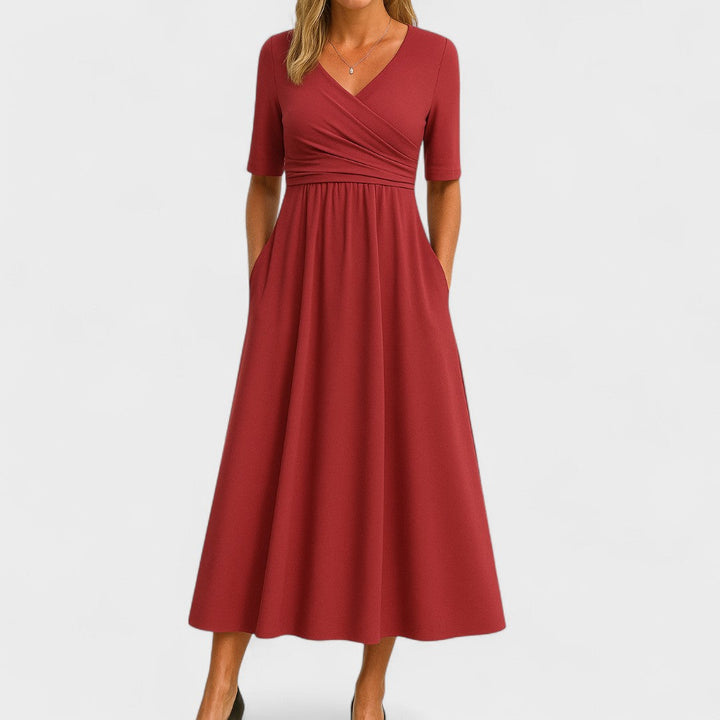 Elegant V-neck midi dress for women, a versatile and chic summer party outfit.