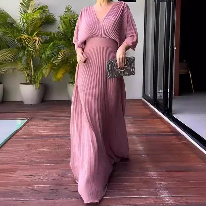 V-neck pleated kaftan maxi dress, an elegant choice for women's summer occasions. Flowy and stylish.