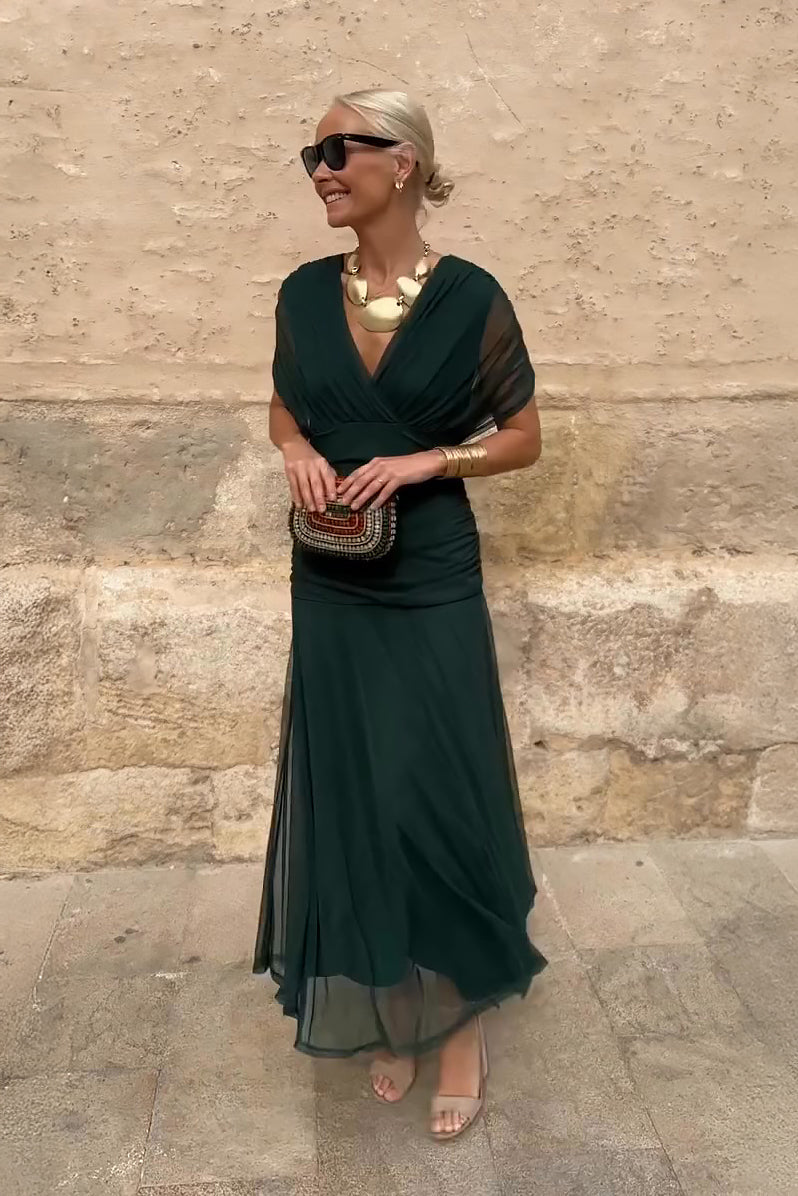 Elegant women's V-neck pleated maxi dress, perfect for wedding guests & evening parties.