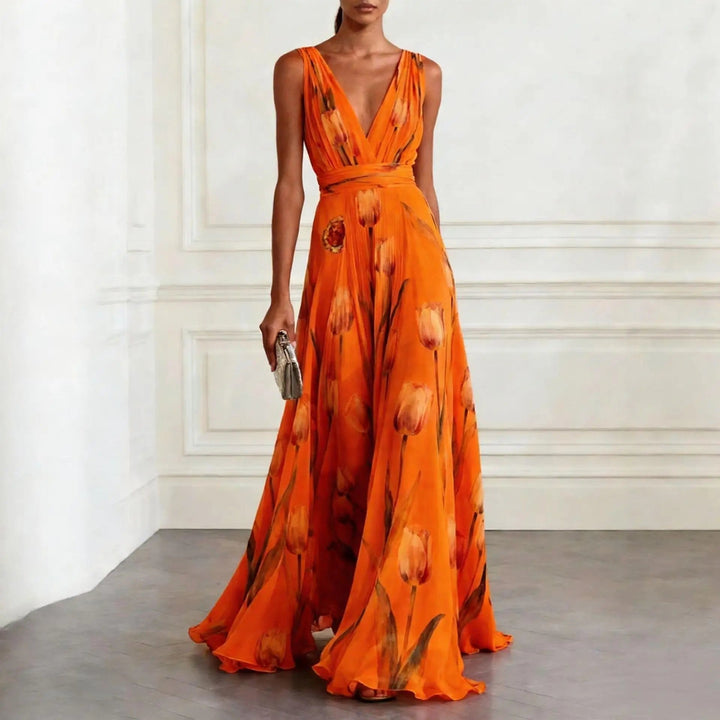 Stylish women's floral V-neck wrap maxi dress, ideal for spring and summer events. Long, flowy design.