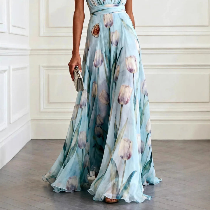 Comfortable women's flowy V-neck wrap maxi dress in an elegant floral print, with a chic tie-waist.
