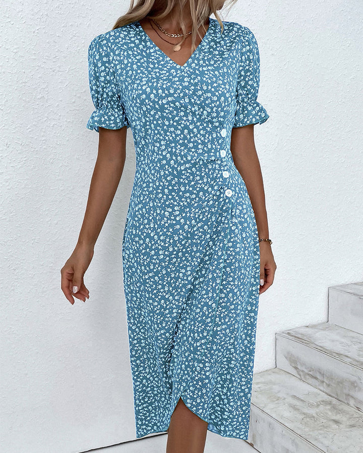 V-neck floral wrap midi dress for women, designed with elegant puff sleeves for a chic look.