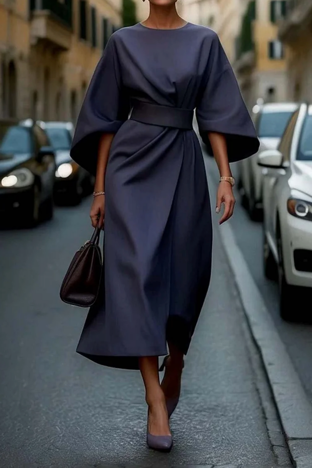 Sophisticated women's belted dress with unique lantern sleeves, ideal for special occasions.